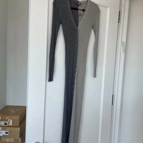 Staud Shoko Colorblock Sweater Dress Heather Grey/Charcoal Ribbed Knit V-neck XS
